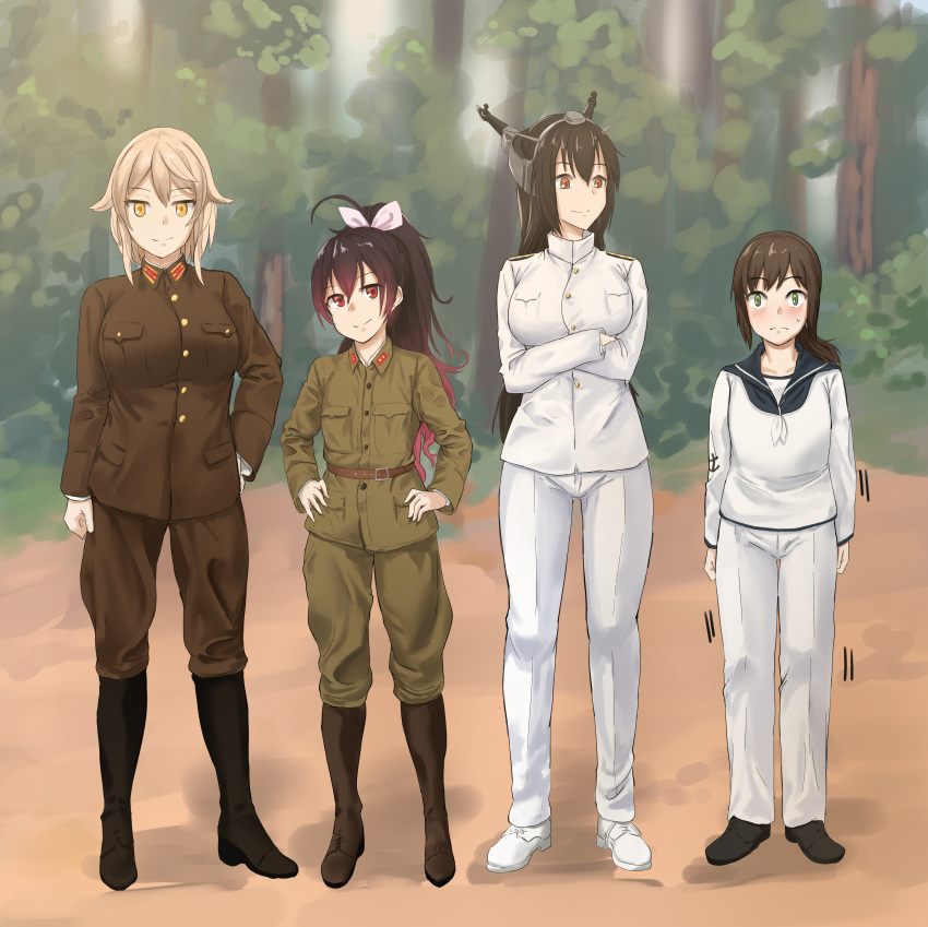 4girls, absurdres, alternate_costume, black_footwear, black_hair, blonde_hair, boots, breasts, brown_eyes, brown_footwear, brown_hair, brown_jacket, brown_pants, character_request, flat_chest, fubuki_(kancolle), gradient_hair, green_eyes, headgear, highres, jacket, kantai_collection, kiru_(bsesso), large_breasts, long_hair, long_sleeves, low_ponytail, military, military_uniform, multicolored_hair, multiple_girls, nagato_(kancolle), naval_uniform, outdoors, pants, ponytail, red_eyes, redhead, sailor, short_hair, short_ponytail, sidelocks, small_breasts, uniform, white_footwear, white_jacket, white_pants, yellow_eyes