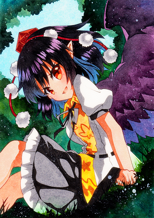 1girl, arm_support, black_hair, black_neck_ribbon, black_neckwear, black_ribbon, black_skirt, black_wings