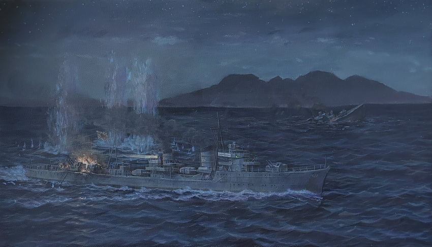 commentary_request, destroyer, firing, highres, military, military_vehicle, minegumo_(destroyer), mountain