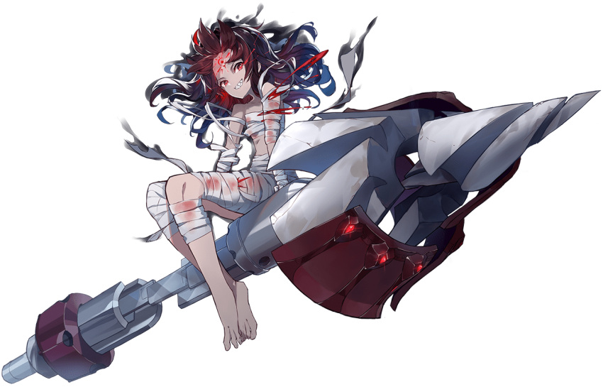 1girl, ares_(ark_order), ark_order, bandages, bangs, bare_shoulders, black_hair, blood, blood_on_bandages, colored_skin, facial_mark, forehead, forehead_mark, full_body, grey_skin, grin, k_suke_(weibo), long_hair, looking_at_viewer, multicolored_hair, official_art, red_eyes, riding, sharp_teeth, sidelocks, sitting, smile, solo, streaked_hair, tachi-e, teeth, transparent_background