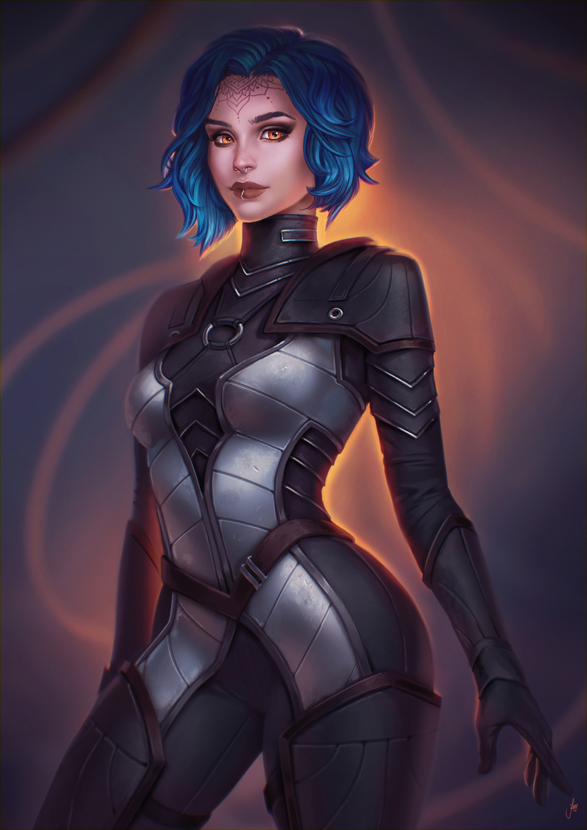 1girl, blue_hair, bodysuit, breasts, commission, forehead_tattoo, highres, june_jenssen