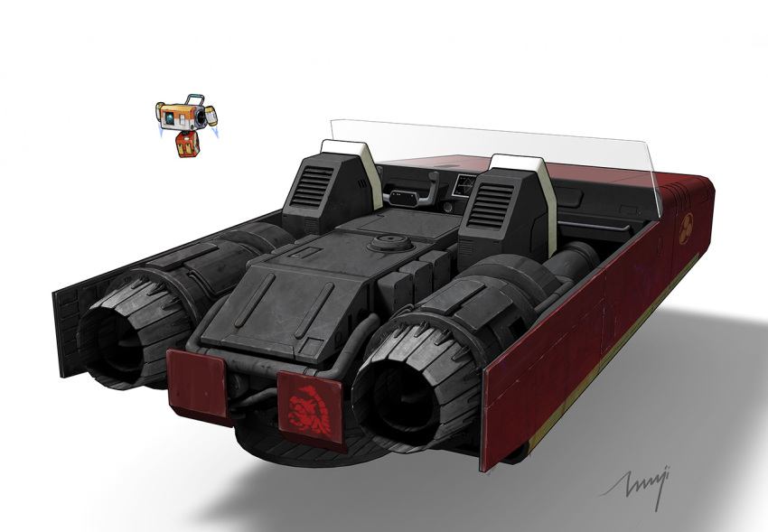 blue_eyes, droid, english_commentary, floating, from_behind, landspeeder, no_humans, okubo_junji