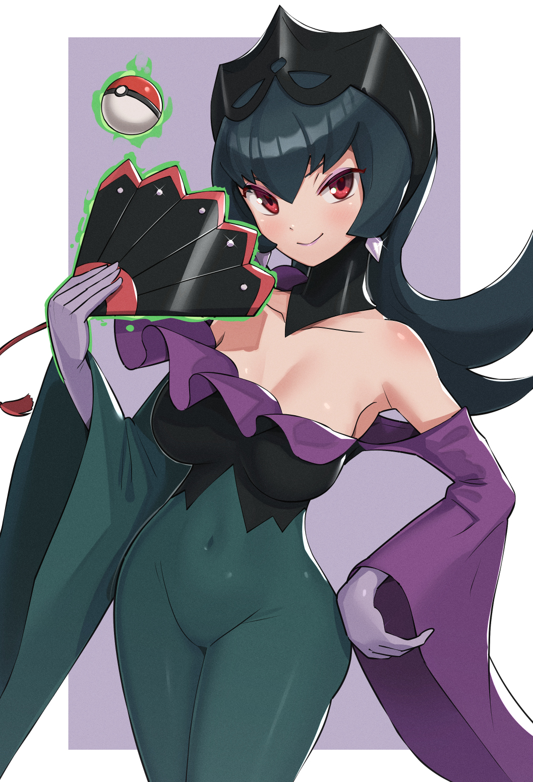 1girl, alternate_costume, bangs, bare_shoulders, bellelba_(pokemon), black_hair, blush, breasts, closed_mouth, collarbone, commentary_request, covered_navel, detached_collar, dress, earrings, eyeshadow, frilled_dress, frills, gloves, gonzarez, green_dress, hair_between_eyes, hand_fan, hand_on_hip, highres, holding, holding_fan, jewelry, large_breasts, lips, long_hair, looking_at_viewer, makeup, off-shoulder_dress, off_shoulder, official_alternate_costume, poke_ball, poke_ball_(basic), pokemon, pokemon_(game), pokemon_bw2, pokestar_studios, purple_gloves, purple_lips, purple_sleeves, red_eyes, sabrina_(pokemon), smile, solo, telekinesis, tiara, wide_sleeves