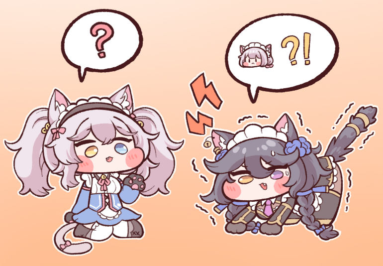 !?, 2girls, :3, ?, alternate_costume, alternate_hairstyle, animal_ear_fluff, animal_ears