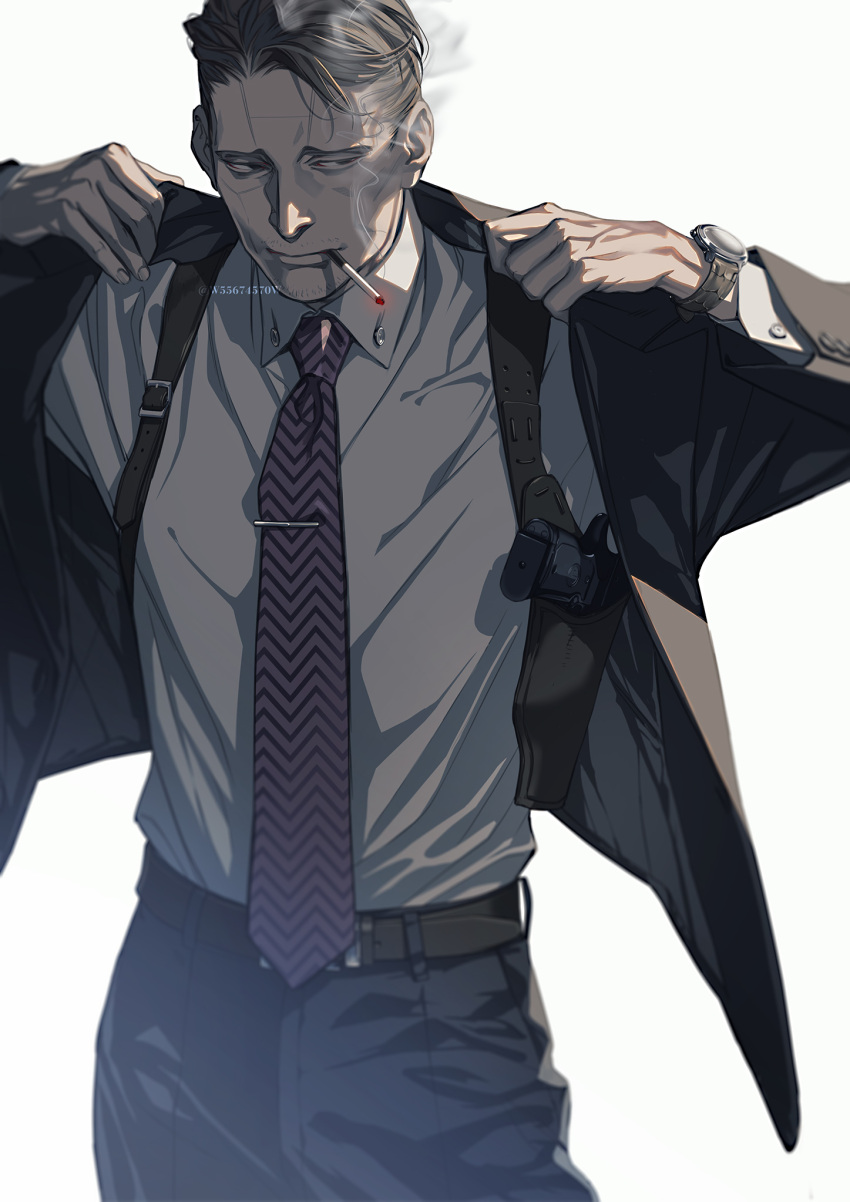 1boy, belt, black_hair, black_pants, cigarette, facial_hair, formal, golden_kamuy, highres, holster, kikuta_mokutaro, male_focus, mouth_hold, necktie, pants, shirt, shoulder_holster, simple_background, smoking, solo, stubble, suit, twitter_username, w55674570w, watch, watch, white_background, white_shirt