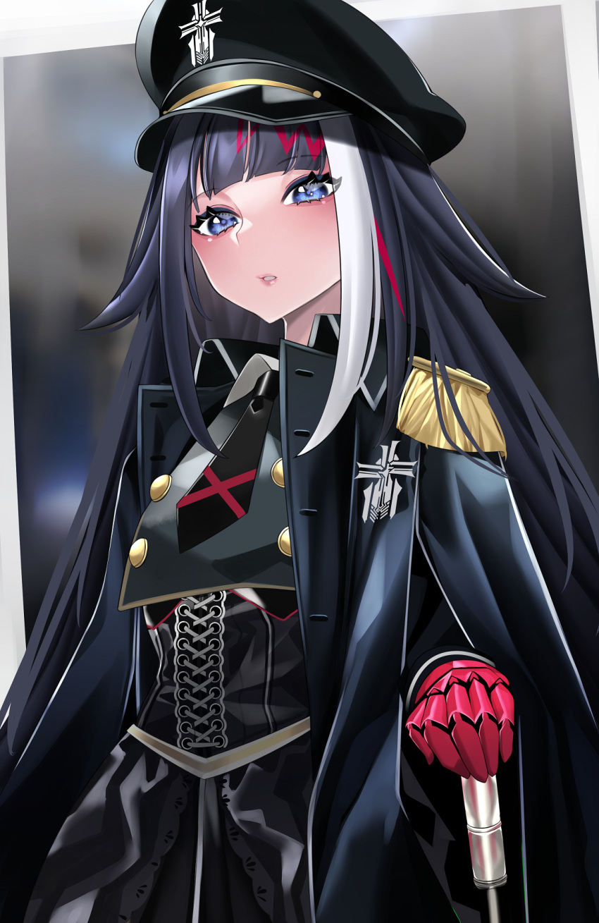 azur_lane, bangs, blue_eyes, blush, cape, corset, deutschland_(azur_lane), dress, hat, highres, iron_blood_(emblem), keishi_surota, long_hair, mechanical_gloves, military_hat, multicolored_hair, necktie