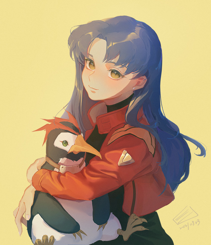 1girl, absurdres, animal_hug, bird, black_shirt, blue_hair, closed_mouth, commentary_request, cropped_jacket, dated, earrings, highres, jacket, jewelry, katsuragi_misato, light_blush, long_hair, long_sleeves, looking_at_viewer, neon_genesis_evangelion, open_clothes, open_jacket, partial_commentary, penguin, penpen, red_jacket, sandwich_(3meiji), shirt, simple_background, smile, solo, stud_earrings, upper_body, yellow_background, yellow_eyes