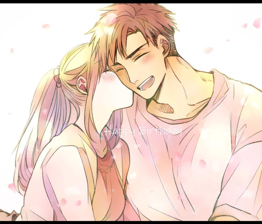 1boy, 1girl, :d, blonde_hair, blush, brown_hair, closed_eyes, couple