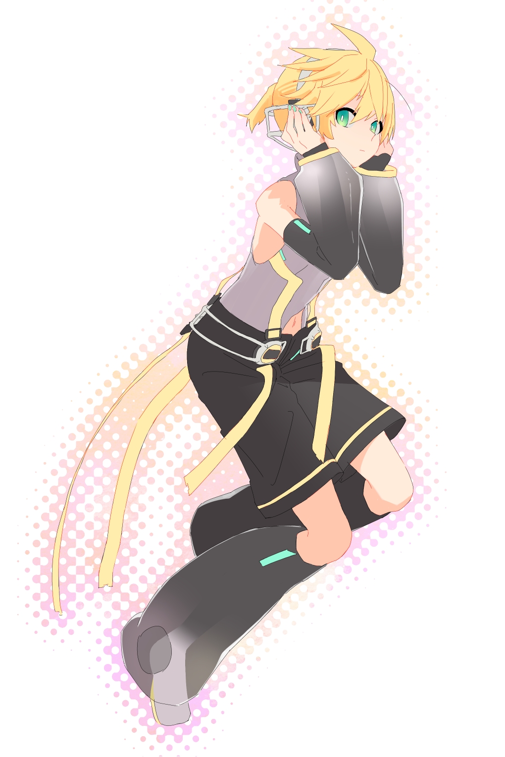 1boy, aqua_eyes, black_shorts, black_sleeves, blonde_hair, d_futagosaikyou, detached_sleeves, expressionless, full_body, grey_shirt, hands_on_headphones, hands_up, headphones, highres, hip_gear, kagamine_len, leg_warmers, looking_at_viewer, looking_to_the_side, male_focus, shirt, short_ponytail, shorts, sleeveless, sleeveless_shirt, solo, spiky_hair, vocaloid, vocaloid_append, white_background