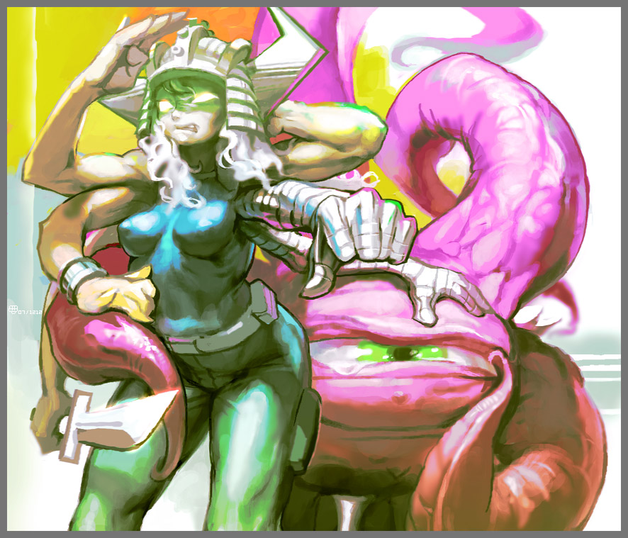 alternate_color, armor, bodysuit, dagger, erect_nipples, female, glowing_eyes, green_eyes