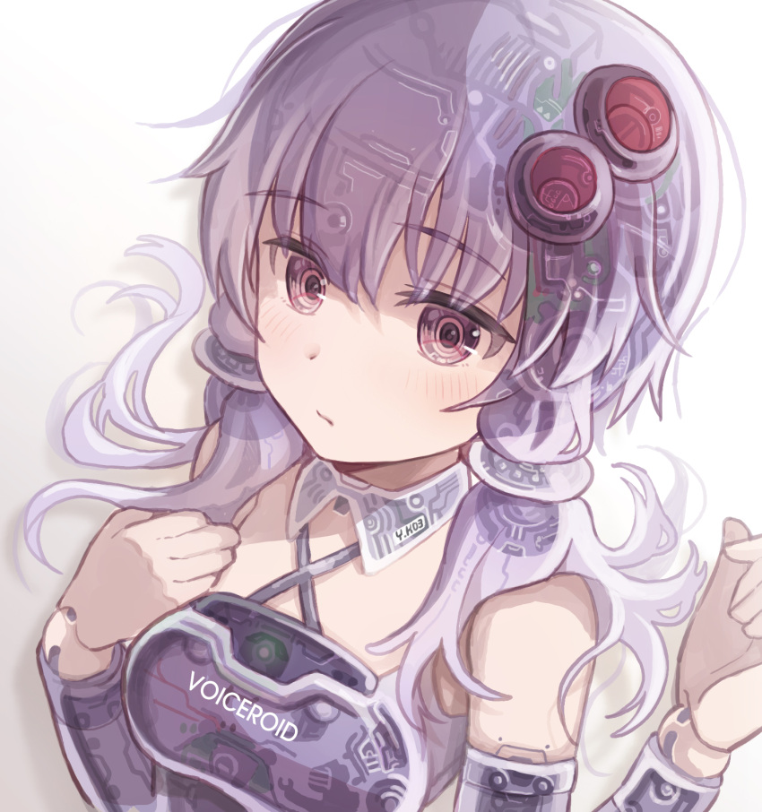 1girl, android, commentary, copyright_name, criss-cross_halter, detached_sleeves, expressionless, hair_ornament