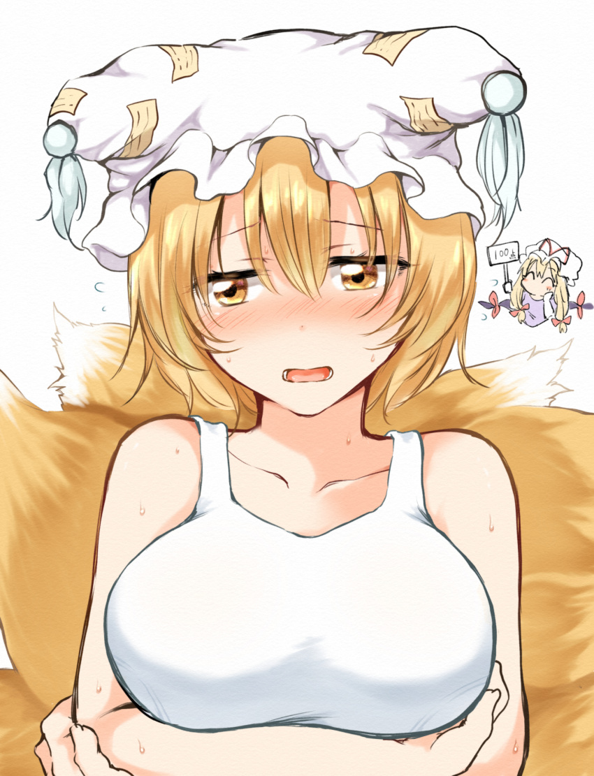 2girls, animal_ears, arms_under_breasts, bangs, bare_shoulders, blonde_hair, blush, breasts