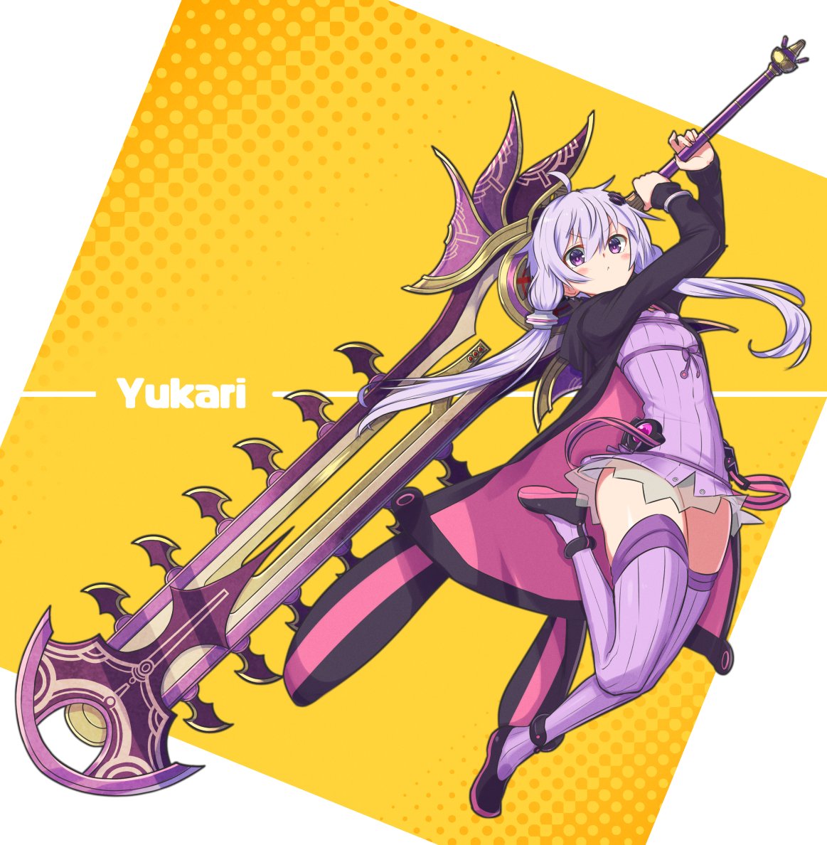 1girl, :<, animal_ears, arms_up, blush, bracelet, character_name, commentary, dress, full_body, hair_tubes, halftone, halftone_background, hip_gear, holding, holding_sword, holding_weapon, huge_weapon, jacket, jewelry, leg_up, looking_at_viewer, purple_dress, purple_hair, purple_jacket, purple_legwear, rabbit_ears, rune_(ru-nn), sidelocks, solo, sword, thigh-highs, v-shaped_eyebrows, violet_eyes, vocaloid, voiceroid, weapon, yellow_background, yuzuki_yukari