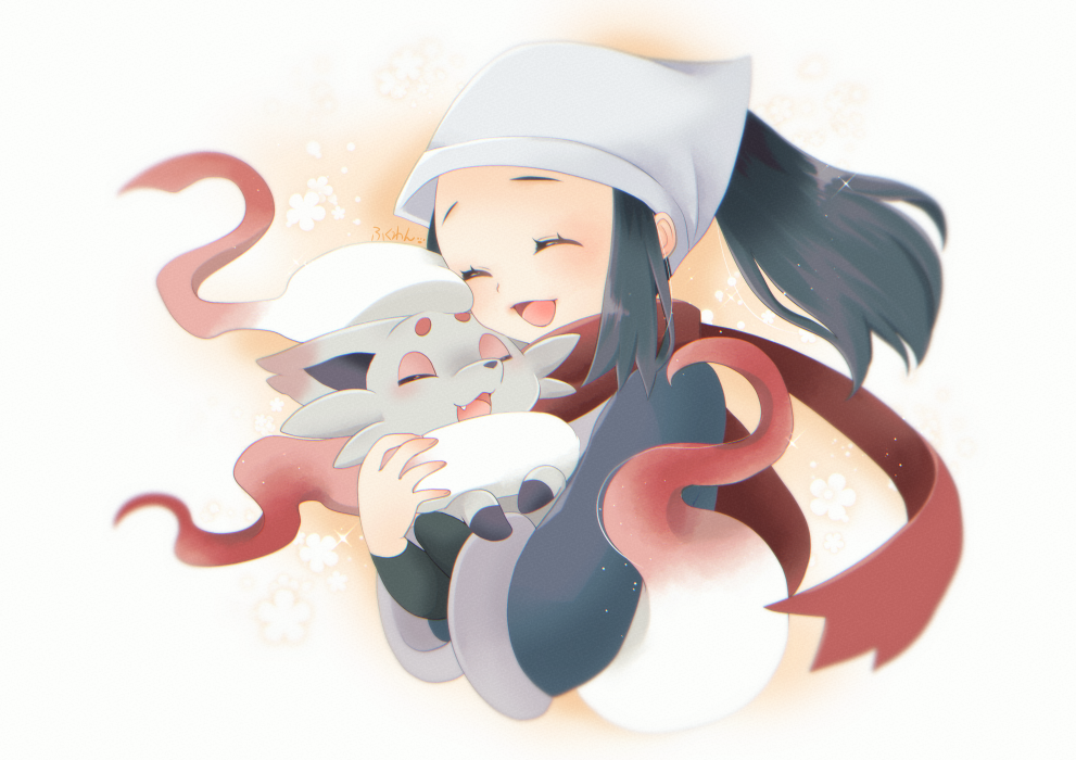 1girl, :d, akari_(pokemon), black_undershirt, blush, closed_eyes, commentary_request, eyelashes