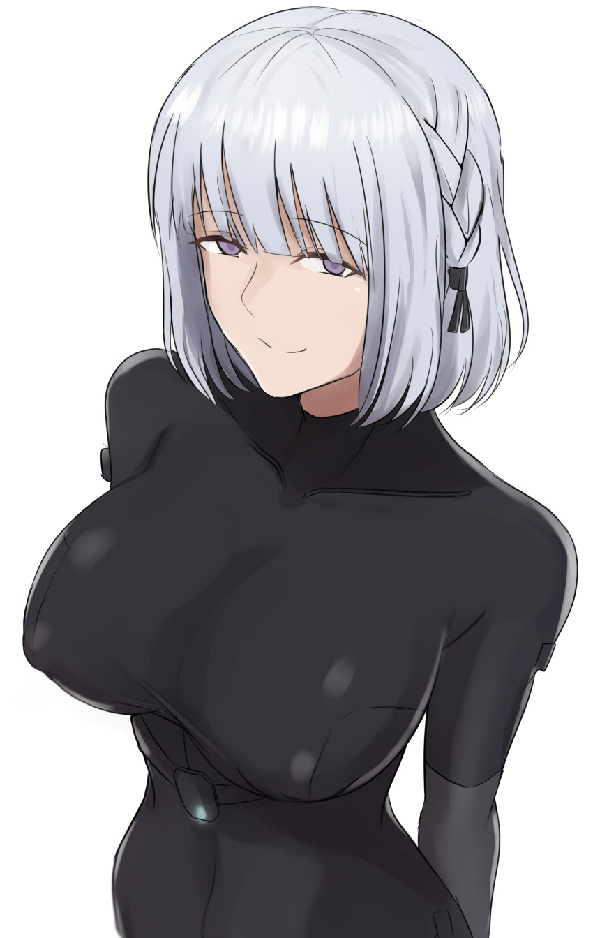 1girl, absurdres, arms_behind_back, black_bodysuit, bodysuit, braid, breasts, closed_mouth