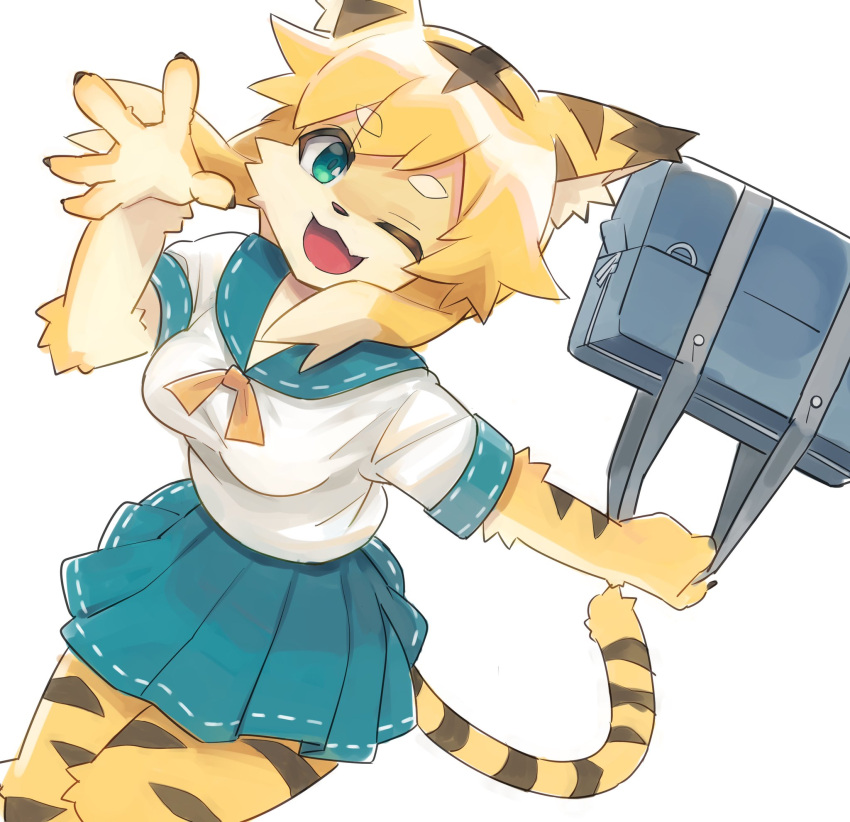 1girl, :3, alternate_costume, animal_ear_fluff, animal_ears, animal_nose, bag, bangs