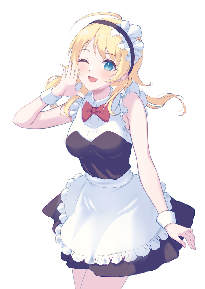 1girl, absurdres, alternate_costume, apron, blue_eyes, bow, bowtie, breasts