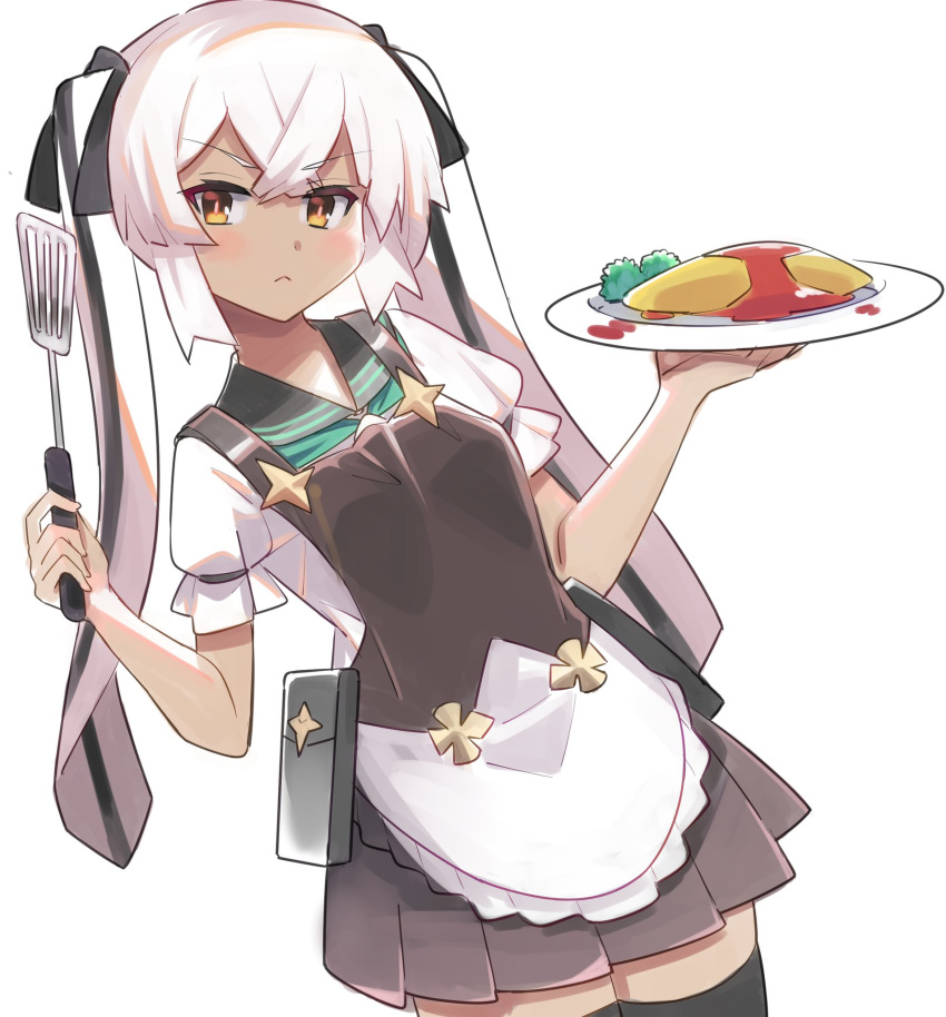 1girl, :<, alternate_costume, apron, bangs, black_hair, black_legwear, black_ribbon