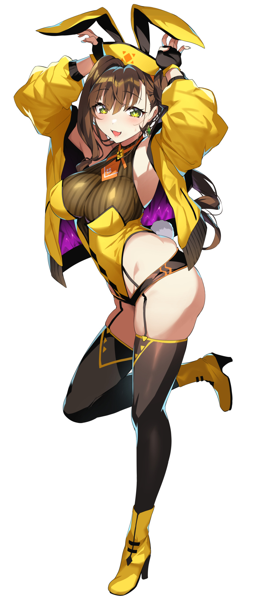 1girl, absurdres, animal_ears, armpits, arms_up, awane_kokoro, bangs, black_legwear