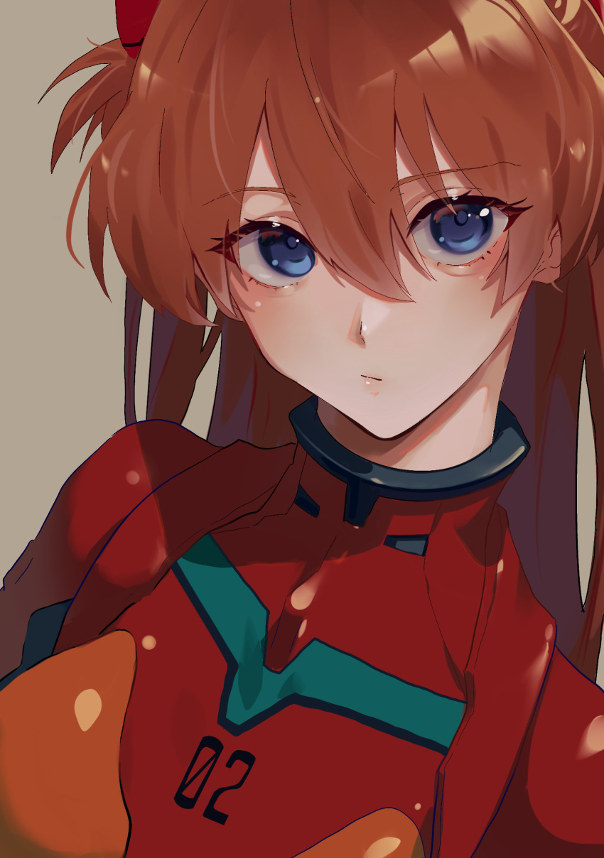 1girl, bangs, blue_eyes, bodysuit, breasts, brown_background, close-up, closed_mouth