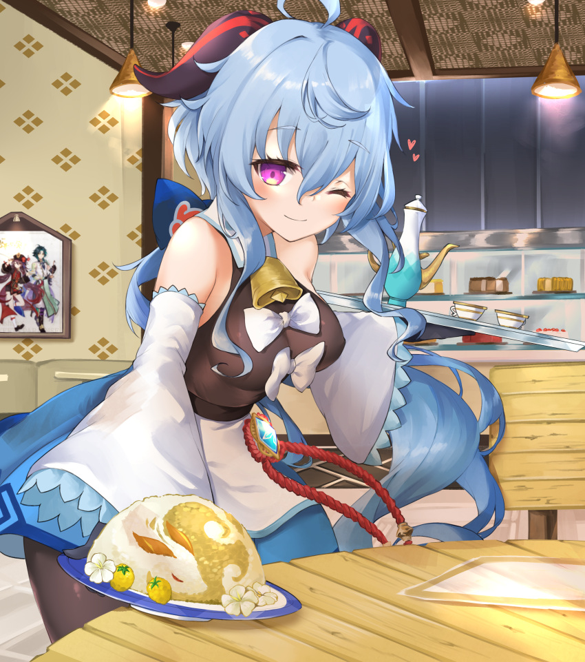 absurdres, ahoge, alternate_costume, apron, bangs, bare_shoulders, bell, black_legwear