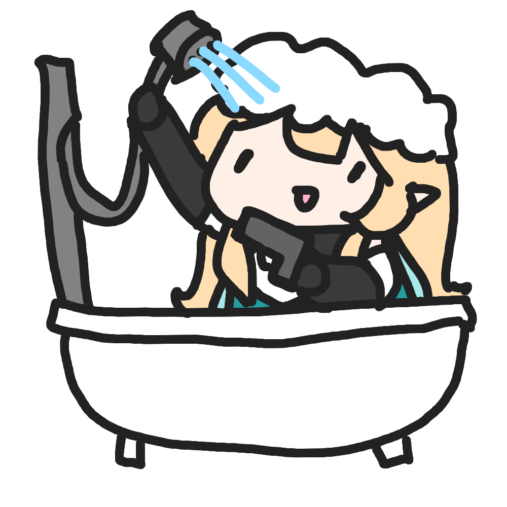 1girl, arm_up, bathtub, black_gloves, blonde_hair, chibi, clothed_bath, elbow_gloves