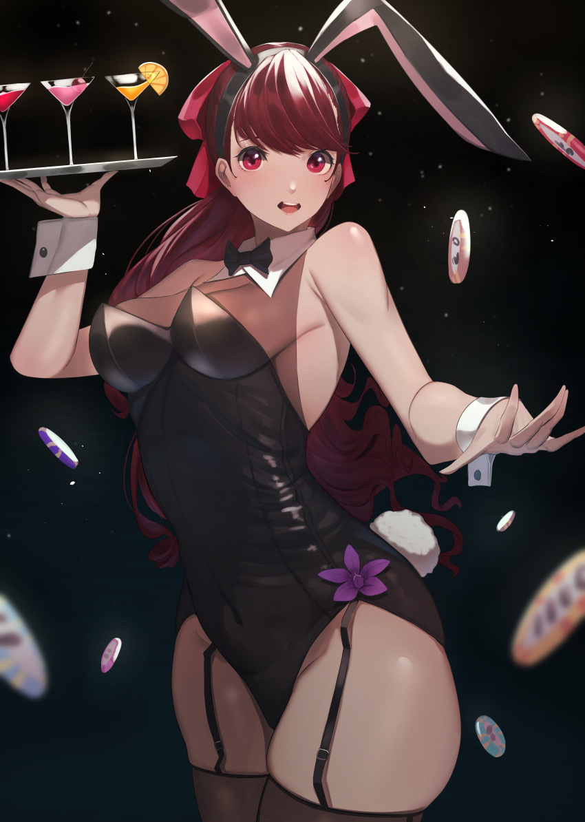 1girl, absurdres, alcohol, alternate_costume, animal_ears, black_legwear, black_leotard, bow