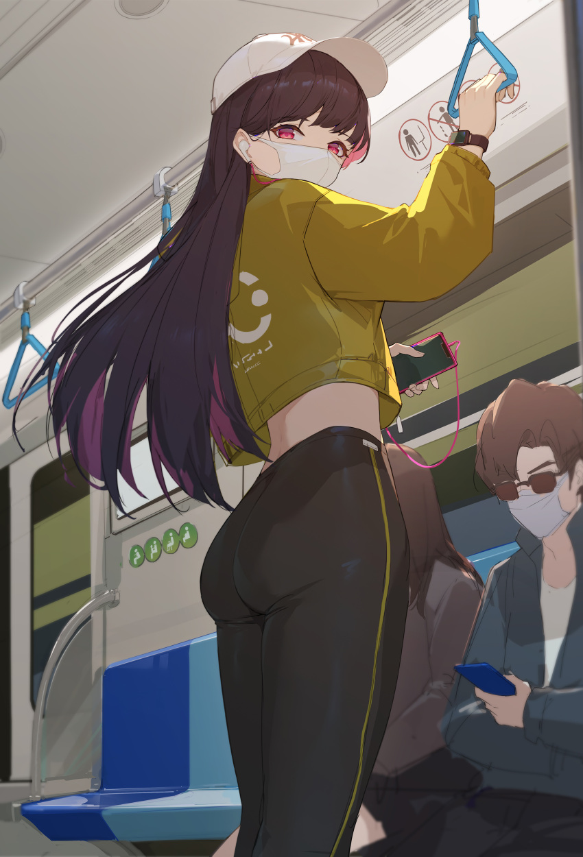 1girl, absurdres, ass, bangs, baseball_cap, black_pants, cable, cellphone, cropped_jacket, earphones, ground_vehicle, hat, highres, holding, holding_hand_grip, holding_phone, jacket, lance_(lancelliu), long_hair, looking_at_viewer, looking_back, mask, mouth_mask, original, pants, people, phone, purple_hair, red_eyes, seat, smartphone, straight_hair, tight, tight_pants, train_interior, watch, watch, white_headwear, white_mask, yellow_jacket, yoga_pants