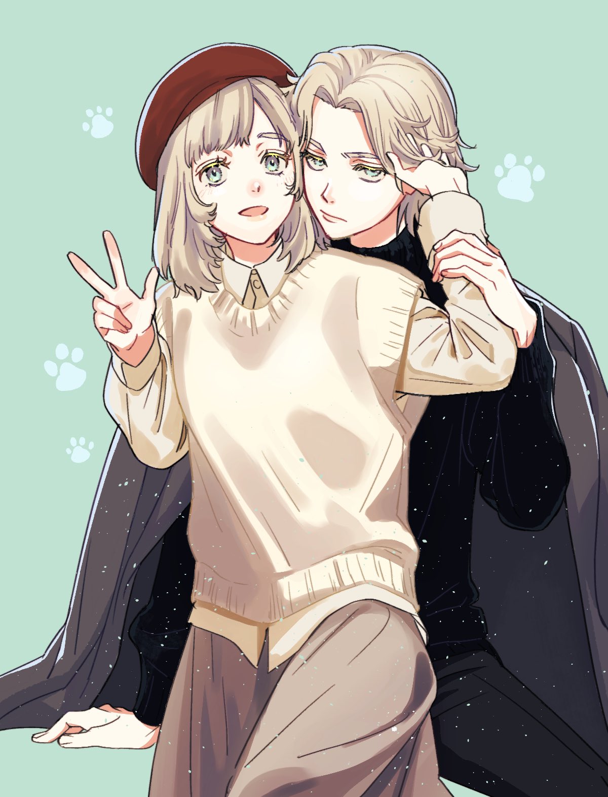 1boy, 1girl, bangs, beret, black_coat, black_pants, black_shirt, blonde_hair