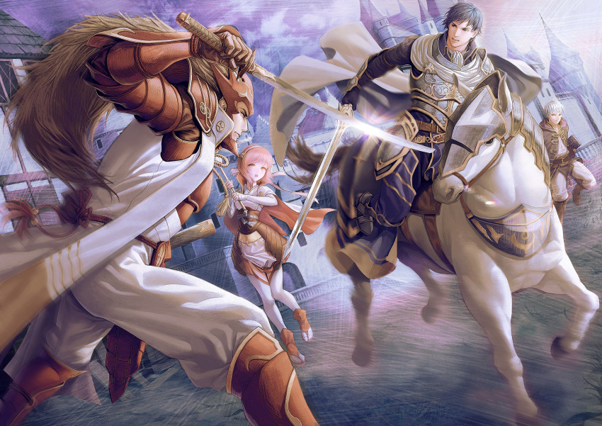 1girl, 3boys, animal, armor, barding, bihu_(smallpot88), blue_hair, book