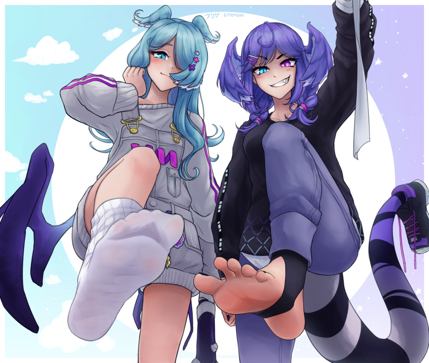 2girls, blue_eyes, braid, efreezerarts, elira_pendora, feet, hair_over_one_eye, heterochromia
