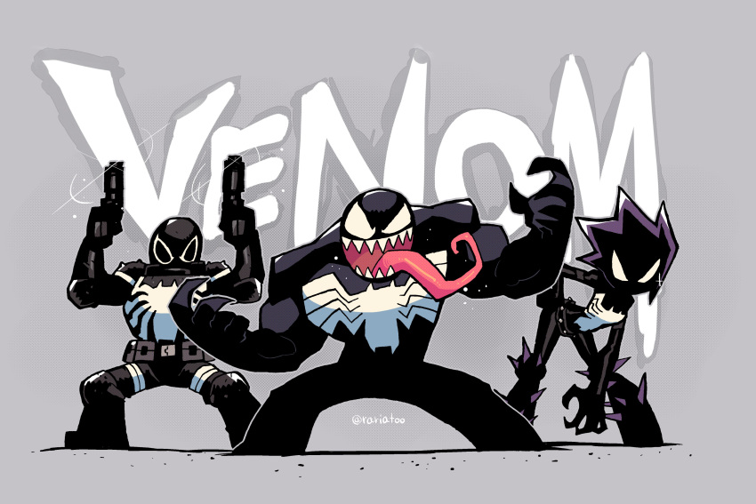 1girl, 2boys, absurdres, bent_over, black_bodysuit, black_hair, bodysuit, character_name