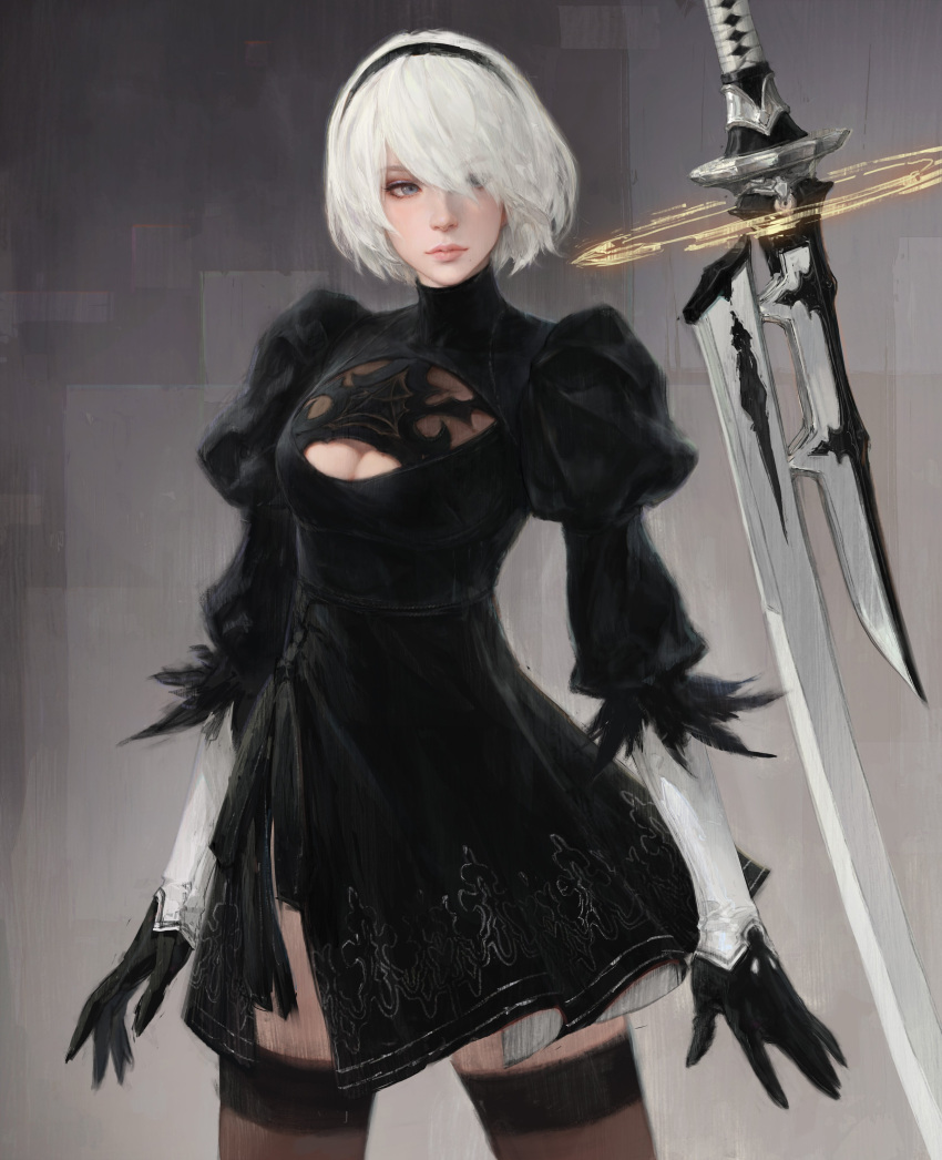 1girl, absurdres, black_dress, black_hairband, blue_eyes, cleavage_cutout, clothing_cutout, dress