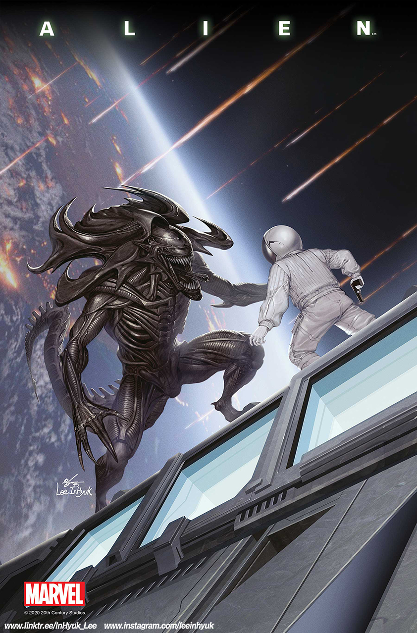 1boy, alien, alien_(movie), aliens, astronaut, claws, exoskeleton, fangs, gun, highres, holding, holding_gun, holding_weapon, in-hyuk_lee, monster, official_art, open_mouth, planet, science_fiction, space, space_craft, spacesuit, spoilers, star_(sky), tail, teeth, weapon, weyland-yutani, xenomorph