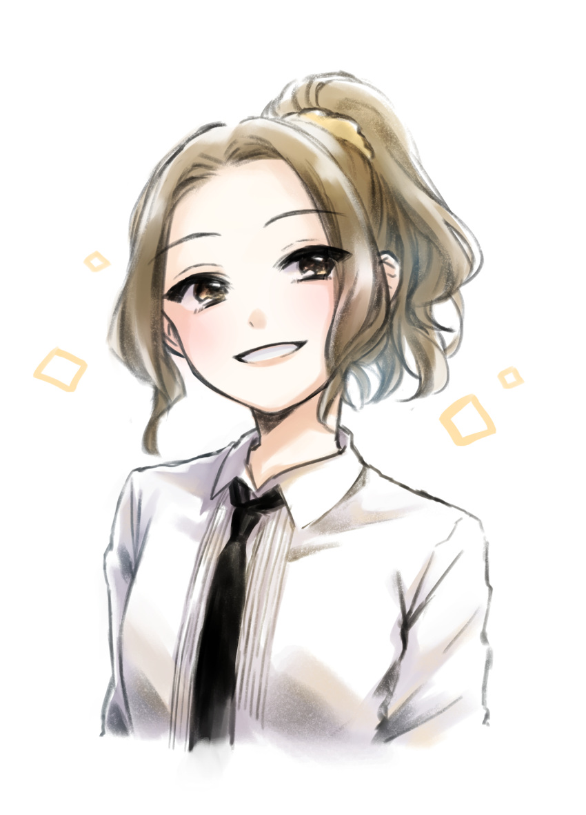 1girl, arms_at_sides, bangs, black_necktie, brown_eyes, brown_hair, collared_shirt, commentary_request