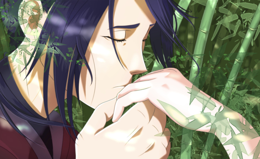 1boy, black_hair, closed_eyes, day, green_background, highres, kaizoku_oujo, kiss