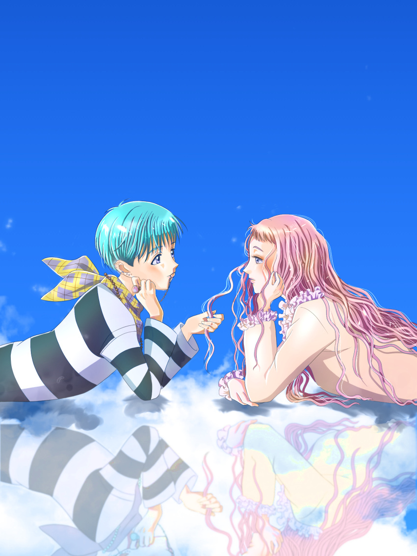 1boy, 1girl, blue_background, blue_hair, chain, ear_piercing, earrings, eye_contact, highres, jewelry, lip_piercing, long_hair, long_sleeves, looking_at_another, lying, mouohnosatoshi, nana_(series), okazaki_shin'ichi, on_stomach, piercing, pink_hair, reflection, ring, serizawa_reira, shirt, striped, striped_shirt, stud_earrings, violet_eyes, wavy_hair, yellow_neckwear