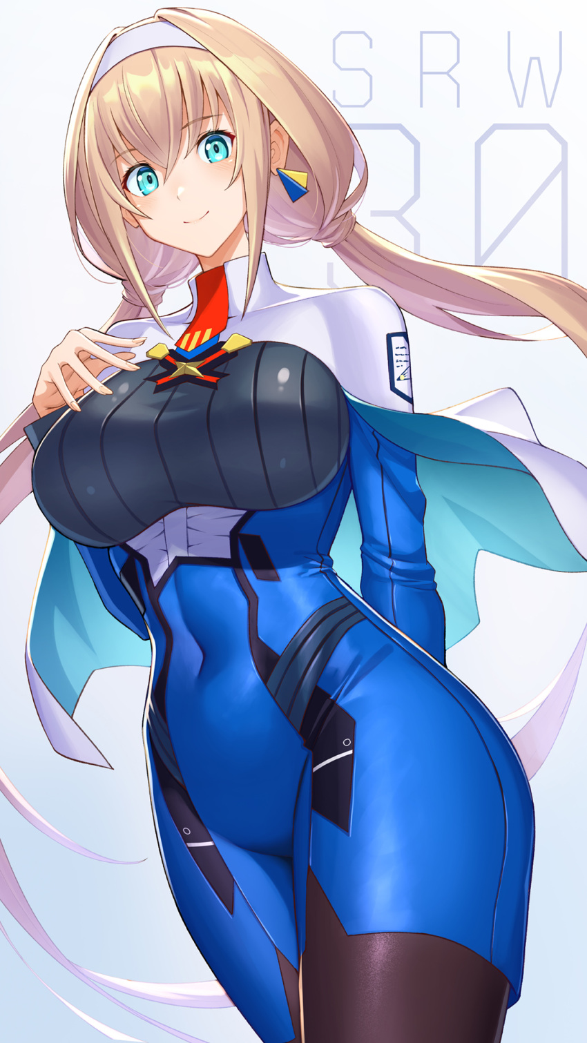 1girl, arm_behind_back, bangs, blonde_hair, blue_eyes, blush, bodysuit, breasts