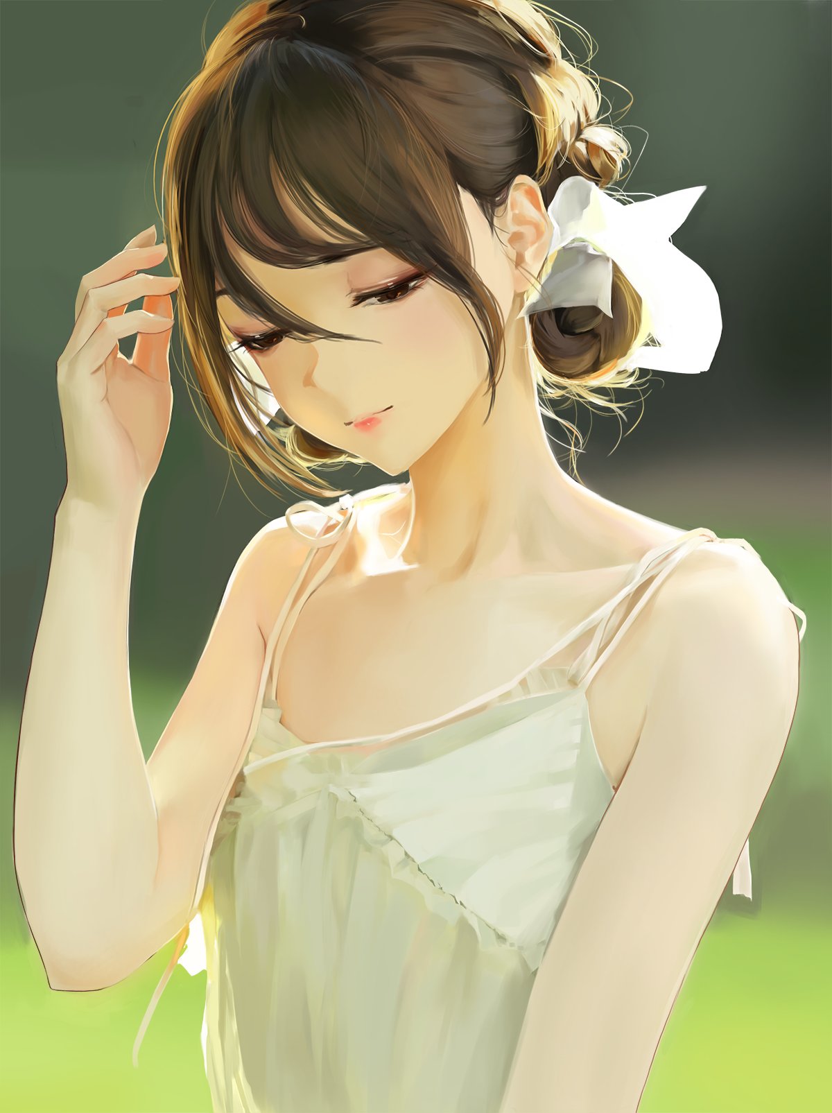 1girl, armpit_crease, bangs, black_hair, blurry, blurry_background, closed_eyes, collarbone