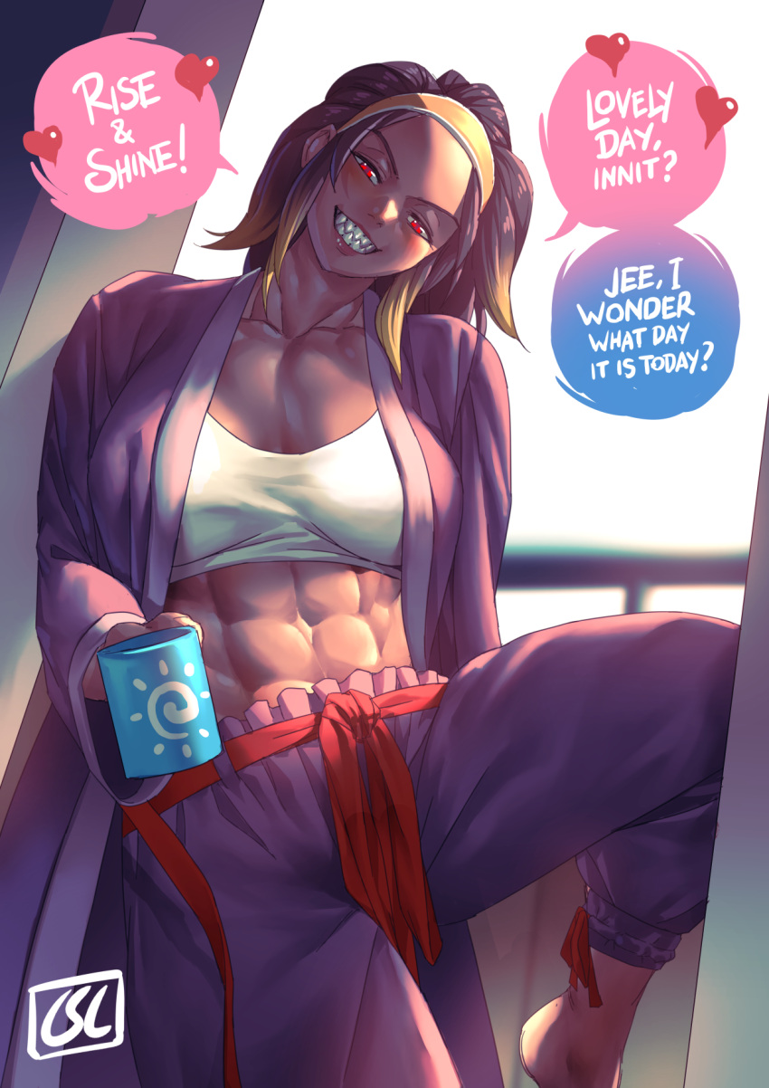 1girl, abs, baggy_pants, belt, breasts, cup, dark-skinned_female, dark_skin