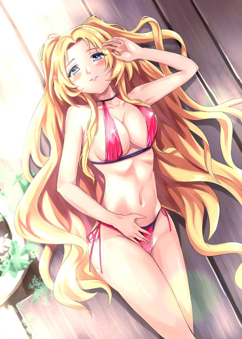 1girl, absurdres, alfin_reise_arnor, blonde_hair, blue_eyes, blush, breasts, eiyuu_densetsu, embarrassed, falcom, highres, large_breasts, long_hair, long_sleeves, looking_at_viewer, lying, mussyu_danachan, sen_no_kiseki, smile, solo, swimsuit, very_long_hair