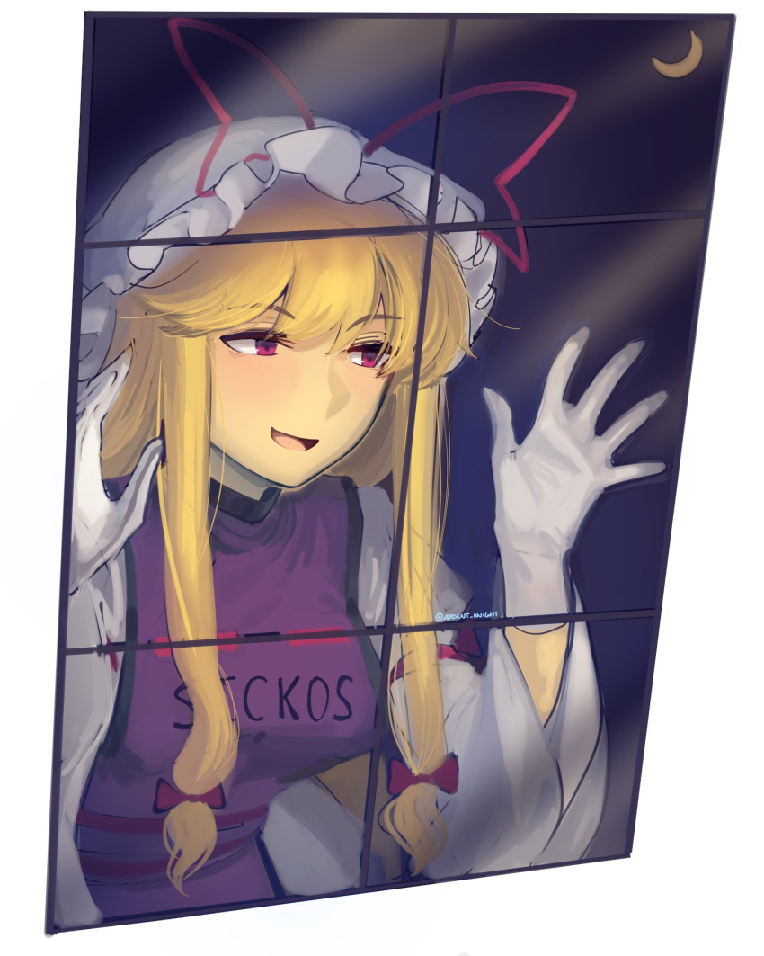 1girl, :d, against_glass, against_window, blonde_hair, blush, boa_(brianoa), commentary