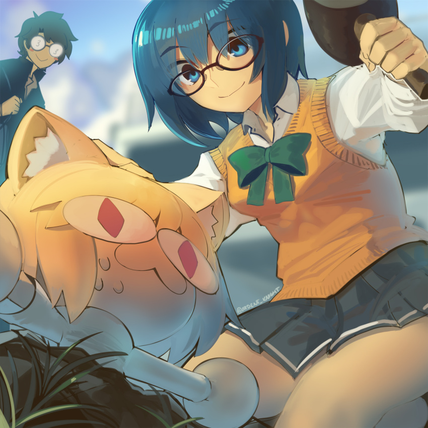 <|>_<|>, 1boy, 1girl, 3_3, animal_ears, black-framed_eyewear, blonde_hair, blue_eyes