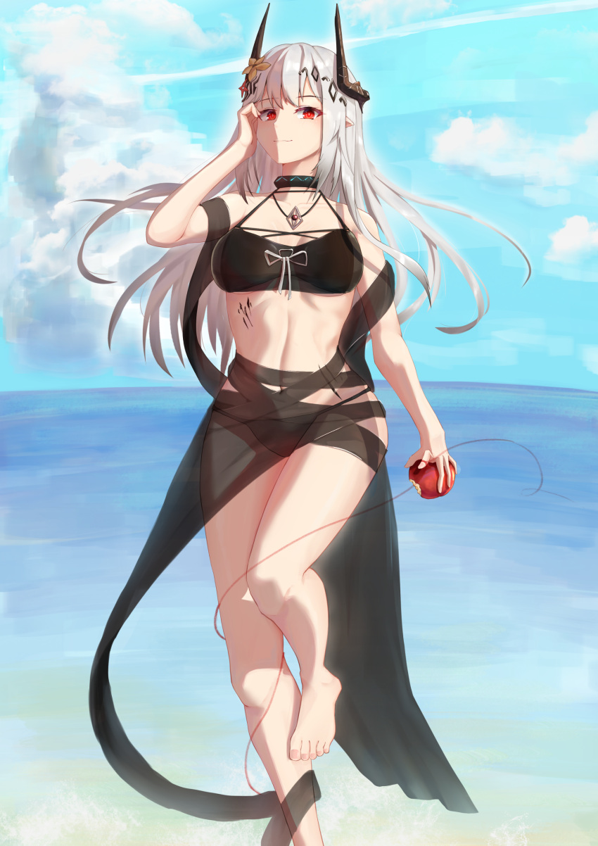 1girl, absurdres, apple, arknights, bangs, bare_arms, bare_legs, bare_shoulders