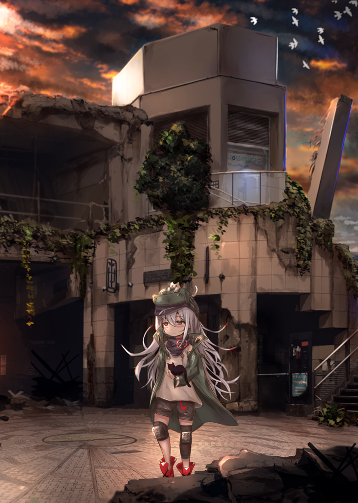 1girl, 2others, animal, animal_on_head, bird, blush_stickers, building, cat, dusk, flock, g11_(girls'_frontline), girls_frontline, hat, holding, holding_animal, holding_cat, jacket, knee_pads, kuraja34, long_hair, messy_hair, multiple_others, on_head, shoes, shorts, sneakers