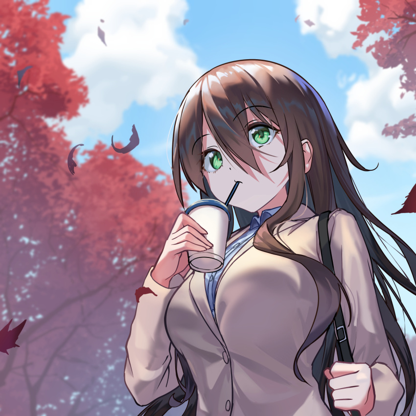 1girl, autumn, bag, blazer, blurry, blurry_background, breasts, brown_hair