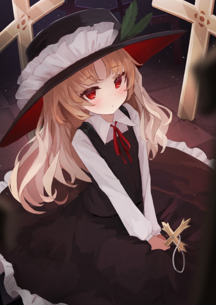 1girl, black_headwear, black_vest, blonde_hair, cross, frilled_hat, frills, hat