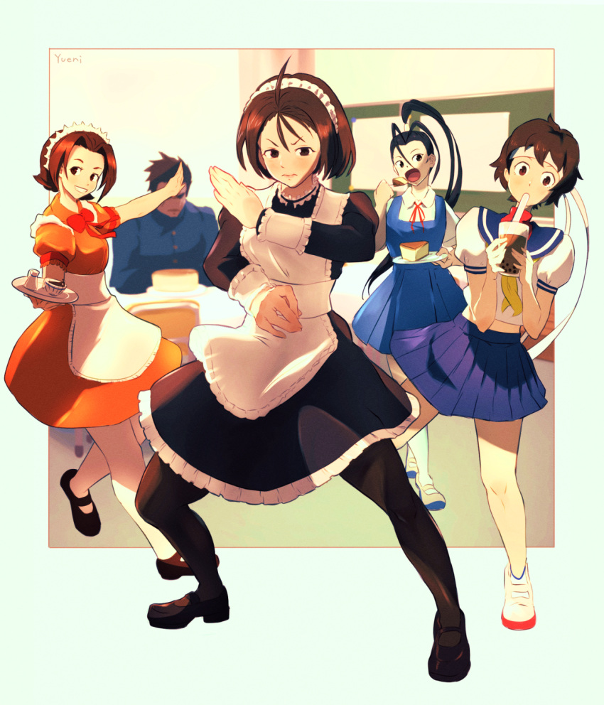 1boy, 4girls, ahoge, apron, breasts, brown_hair, bubble_tea, cake