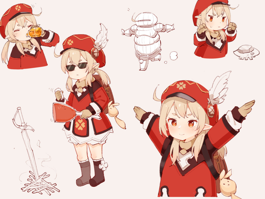 1girl, ahoge, armor, backpack, bag, blonde_hair, boned_meat, bonfire_(dark_souls)