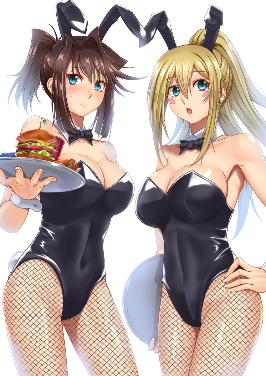 2girls, animal_ears, black_bow, black_bowtie, black_leotard, blonde_hair, blue_eyes, blush_stickers